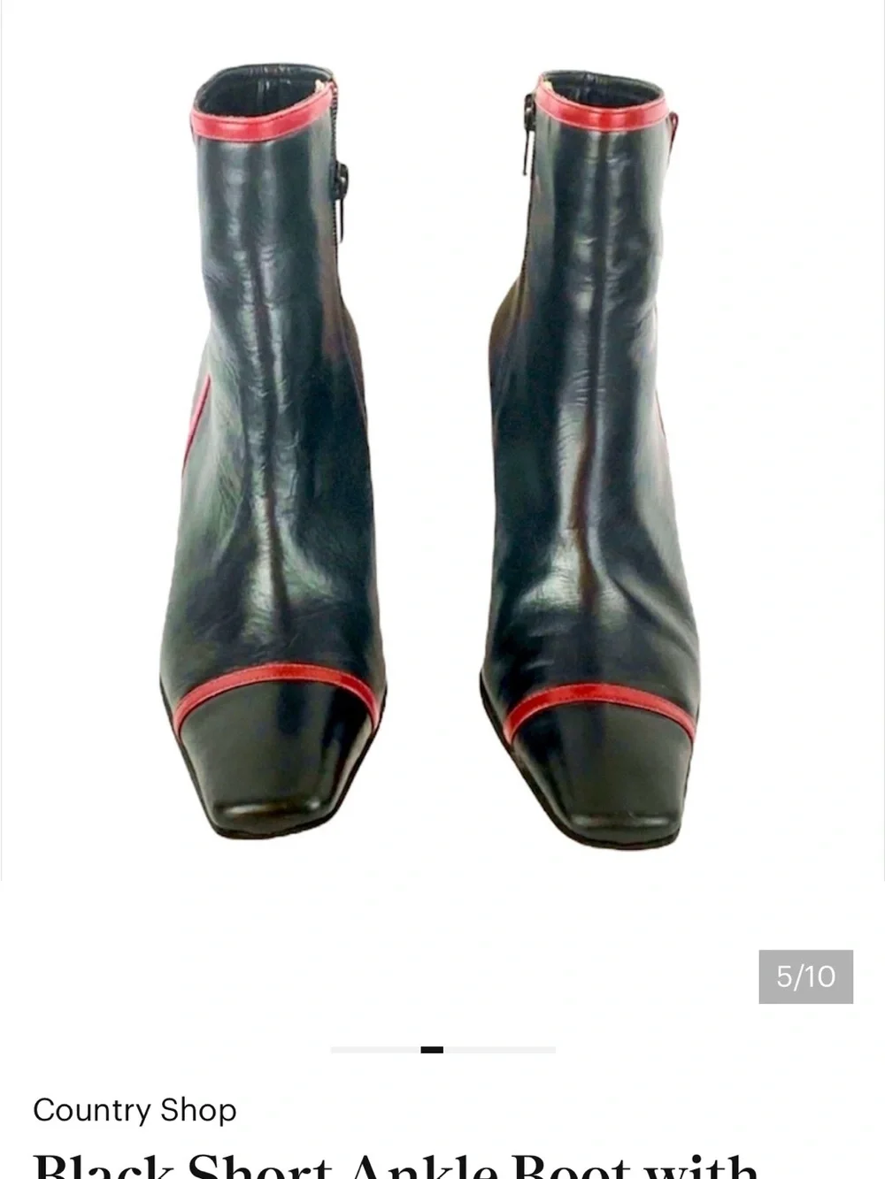 Women's Black Leather Ankle Boots with Red Trim and Side Zipper